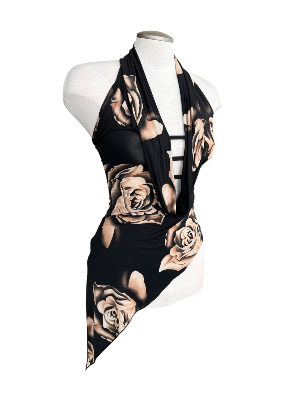 Y2K Black Floral Asymmetric Halter Top